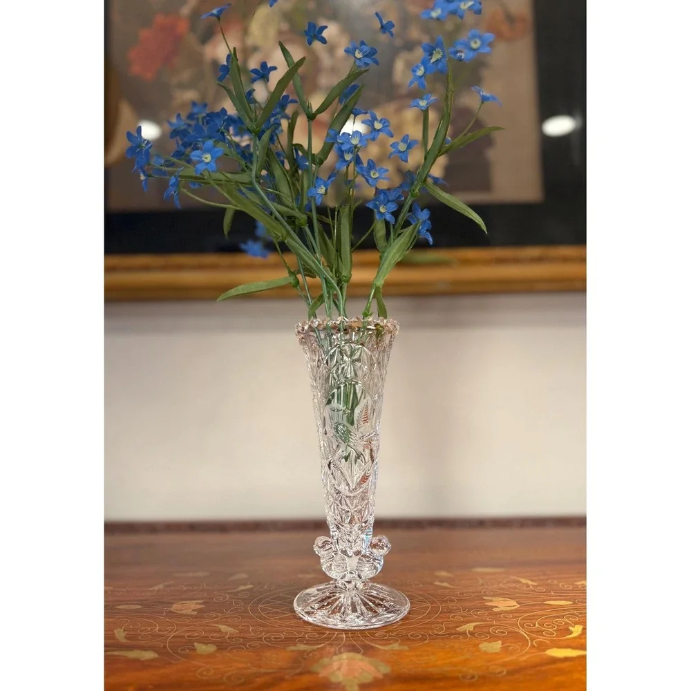 Vintage Hofbauer Byrdes Lead Crystal Bud Vase • Etched Bird Pedestal Vase